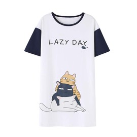 Hupohoi Big Girls' Short Sleeve Nightgown Lovely Cats Lazy Day Printed Sleep Dress PJS, Navy, 16(US 13-15 Years)