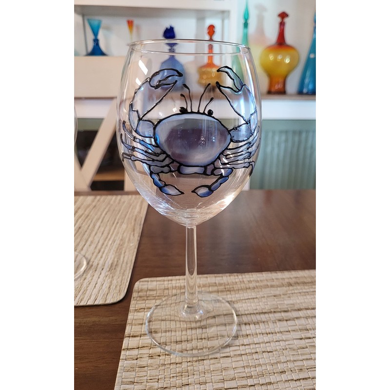 Blue Crab Hand Painted Stained Glass Stemmed Wine Glasses Set