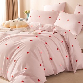 Lanqinglv Bed Linen Set, Girls’, Children’s, Pink Heart Pattern, Striped, Microfibre Bed Linen, 135 x 200 cm Duvet Cover with Zip and 80 x 80 cm Pillowcase, Oeko Tex Seal of Approval