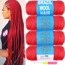 COOKOO 4 Rollr Red Brazilian Wool Hair Acrylic Yarn for African Crochet Hair Jumbo Braid Senegalese Twisting Knitting Hair Braids Faux locs Spiral Corkscrews Braids Twist Wraps 70G/Roll(Red#)