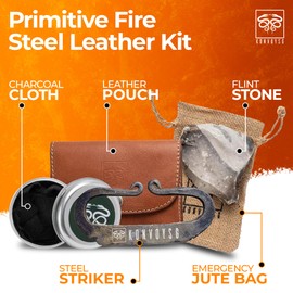 KonvoySG Carbon Steel Fire Striker, English Flint Stone & Char Cloth Traditional Hand Forged Fire Starter with Emergency Tinder Jute Bag - Camping, Hiking, Emergency - Leather Gift Set (Coyote Brown)