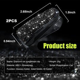 Dickno 2 PCS Bling Sunglasses Holder for Car Sun Visor, Crystal Rhinestones Eyeglasses Hanger Mount with Ticket Card Clip, Universal Vehicle Visor Decor Accessories for Women (Black)