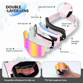 Qunature Ski Goggles Snowboard Goggles UV Protection Ski Goggles Women / Men Glasses Wearers Anti-fog Helmet Compatible Breathable Snow Goggles for Unisex Adults Skiing Snowboarding Pink