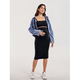 MOMANDA Women' s Maternity Skirt High Waist Midi Pencil Skirt with Slit Stretchy Pregnancy Casual Black Large