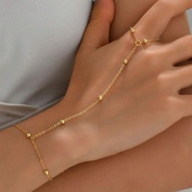 GLMOCM Hand Chain Bracelet for Women Gold Hand Chain Finger Ring Slave Bracelet for Women Hand Jewelry Gifts (Gold beaded)