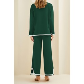PRETTYGARDEN Women's 2 Piece Fall Knit Sweater Set Long Sleeve Tops Wide Leg Pants Sweatsuit Tracksuit Outfit Winter Clothing (Green,Medium)