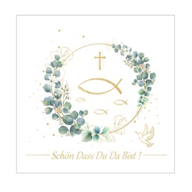 Pack of 40 Napkins Communion 33 x 33 cm Napkins Communion Decoration Young Girls 'Schön, dass du da bist!' Napkins Eucalyptus Fish, Napkins Christening for Christening and Decoration Communion