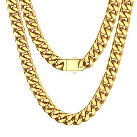 Bestyle 18K Gold Filled Miami Cuban Link Chunky Gold Chain Necklace Heavy Thick Long Mens Chain Necklaces Cool Swag Chain Necklace for Dad Husband Son,12mm 28"