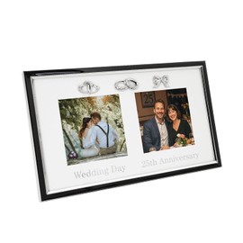 Happy Homewares Modern 25th Anniversary and Wedding Day Picture Frame in Silver and Black with Icons | Hearts Rings and Ribbon | Table or Wall
