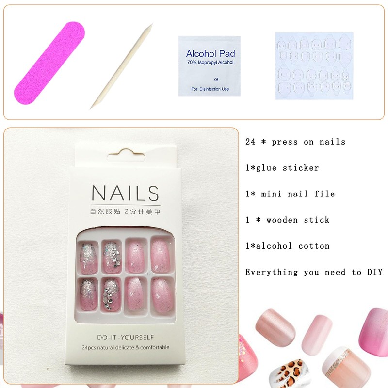 Coffin Press on Nails Short Fake Nails with Glitter Rhinestones