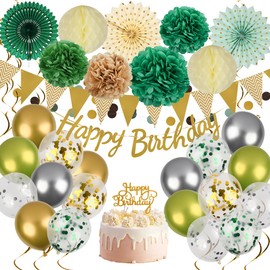 Annyswit Birthday Decoration (40 Pieces), Green & Gold Birthday Decoration, Balloons, Happy Birthday Banner, Pompoms Party Decoration Ideal for 18th and 30th Birthday, Baby Shower Decoration Girl Boy