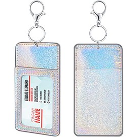 2 Pieces Glitter ID Badge Holder Vertical Badge Clip Key Chain Holder Silicone Card Holder with Clear Window, Key Ring, Metal Clip for Office, Name Card, ID Card (Mermaid Color)