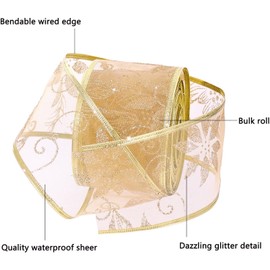 LATERN 20M Organza Ribbon, 6.3cm Width Snowflake Wired Sheer Glitter Ribbon Shimmer Band Metallic Ribbons Craft Tulle Ribbon for Gift Wrapping Xmas Tree DIY Wreath Christmas Bow Decoration (Gold)