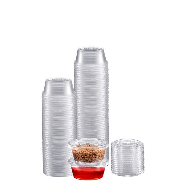 Zeml Portion Cups with Lids (2 Ounces, 100 Pack) | Disposable Plastic Cups for Meal Prep, Portion Control, Salad Dressing, Jello Shots, & Medicine | Small Plastic Condiment Container