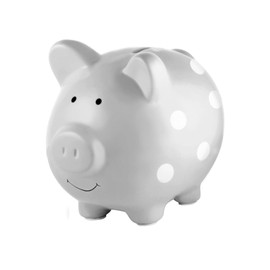 Pearhead Large Ceramic Piggy Bank, Ideal for Boys and Girls, Kids Money and Coin Bank, Perfect Baby Boy Nursery Décor, Great Gift and Newborn Keepsake, Gray with White Polka Dots