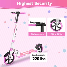 MEE GOO Scooter with Disc Brake & Dual Shock Absorbers,200mm PU Wheels ABEC-7 Bearings,Foldable Scooter for Teen&Adult,Non-Slip Deck,Kick Scooter (Pink)