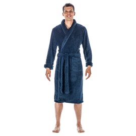 Mens Plush Robe - Fleece Robe, Mens Bathrobe - Navy - Small/Medium