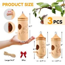 Hummingbird House, Solid Wood Hummingbird Houses for Outside-Exquisitely Handcrafted Birdhouse with Ribbon and String Hanging Kit, Durable Garden Decor, Perfect Gardening Gift(Style-EFG, 3 Pack)