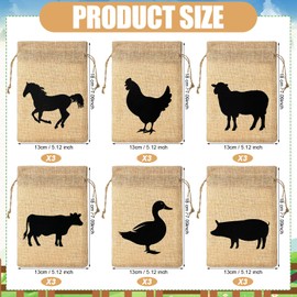 Vincreem 18 Pack Farm Party Favor Bags Animal Burlap Bags with Drawstring Farm Goodie Bags for Birthday Baby Shower Party Supplies Decorations, 6 Designs