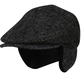 EPOCH HATS 100% Wool Herringbone Winter Ivy Cabbie Hat w/Fleece Earflaps – Driving Hat (L, IVE2341DK Gray)