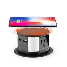Link2Home Wireless Charging Pop Up Outlet with USB, Space Saver Retractable Power Station with 3 Outlets (15A), 2 USB A/C Ports (3.0A), Splash Resistant for Kitchen Island, Office Desk & Workshop
