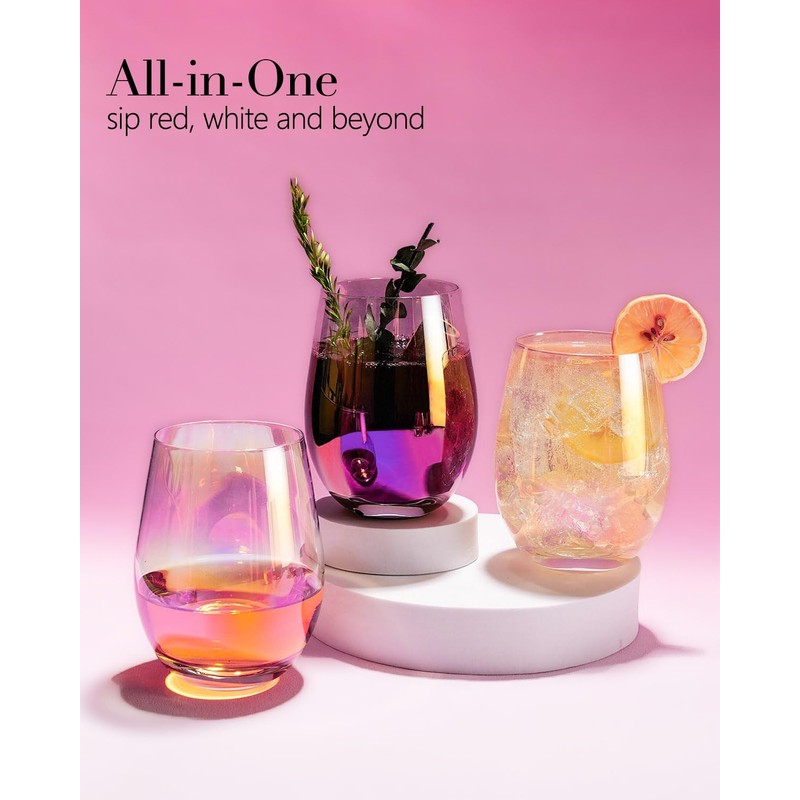 iridisenti Crystal Stemless Wine Glasses Set of 6, 18 OZ