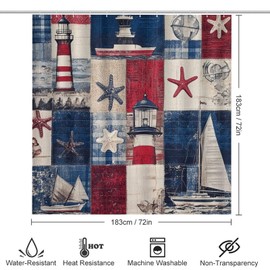 HDESDIS 4Pcs Abstract Sea Lighthouse Shower Curtain Sets with Rugs, Toilet Lid Cover and Bath Mat, Coastal Starfish Nautical Sailboat Bathroom Shower Curtains Set with 12 Hooks
