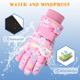 Waterproof Winter Kids Gloves Cartoon Boys Girls Snow Mittens Warm Outdoor Ski Gloves with Fleece Lining (4-6 Years, Pink)
