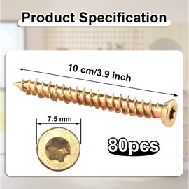 ZOFUN 80 Pcs Screws for Wood, 10 cm x 2.8 mm Torx Drive Flat Head Screw Full Threaded, Carbon Steel Gold Plated Multi-Fix Self Tapping Screws for DIY Wood Craft Furniture
