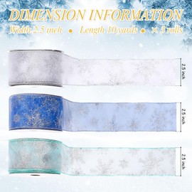 JarThenaAMCS 3 Rolls Snowflake Glitter Wired Ribbon 2.5 Inch 30 Yard Ice Blue Royal Blue Silver Organza Sheer Ribbon for Xmas Tree Bow Wreath Gift Crafts Wrap Home Decor
