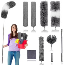 Dusters for Cleaning,9Pcs Feather Duster with Extension Pole Up to 100'',Bendable Extendable Long Feather Duster for Cleaning Fan,High Ceiling,Blinds,Furniture,Cars