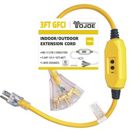 YOJOE 3 Foot GFCI Yellow Extension Cord,Lighted Outdoor 12/3 Cord with 3 Power Outlets,12 Gauge 3 Prong SJTW Heavy Duty Extension Cable with 3 Prong Grounded Plug for Safety,UL Certified