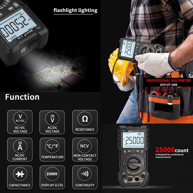 ZOYI ZT-225 Digital Multimeter, 25000 Counts, True RMS, Auto Range,