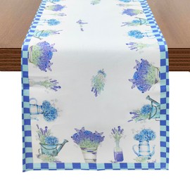 MULBESS Watercolor Buffalo Plaid Vases Bloom Lavender Hydrangeas Summer Table Runner, Seasonal Spring Holiday Kitchen Dining Table Decoration for Home Party Decor 13x72 Inch