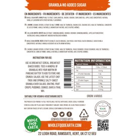 Wholefood Earth Granola No added Sugar - Whole Grain Oats with Raisins 500 g | GMO Free | Dairy Free | No Added Sugar* | High Fibre