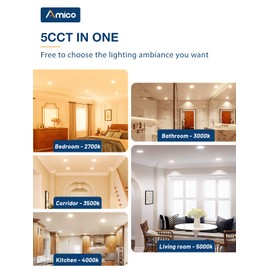 Amico 1 Pack 6 Inch 5CCT Ultra-Thin LED Recessed Ceiling Light with Junction Box, 2700K/3000K/3500K/4000K/5000K Selectable, 12W Eqv 110W