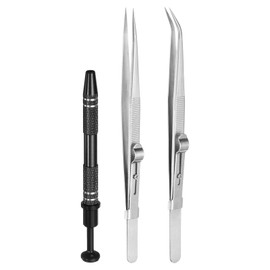 sourcing map 3pcs Diamond Tweezer Holder Pick Up Tool Set Stainless Steel 4 Claw Holder Straight/Elbow Head Jewelry Locking Tweezer for Tiny Objects Electronic Components, Silver/Black