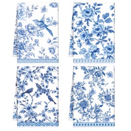 VISSTREE Chinoiserie Floral Kitchen Towels, 4 PCS White Blue Flowers Bird Dish Towels, Absorbent Blue Tea Hand Towel for Kitchen Cooking Baking Home Decoration Housewarming Chinoiserie Decor Gifts