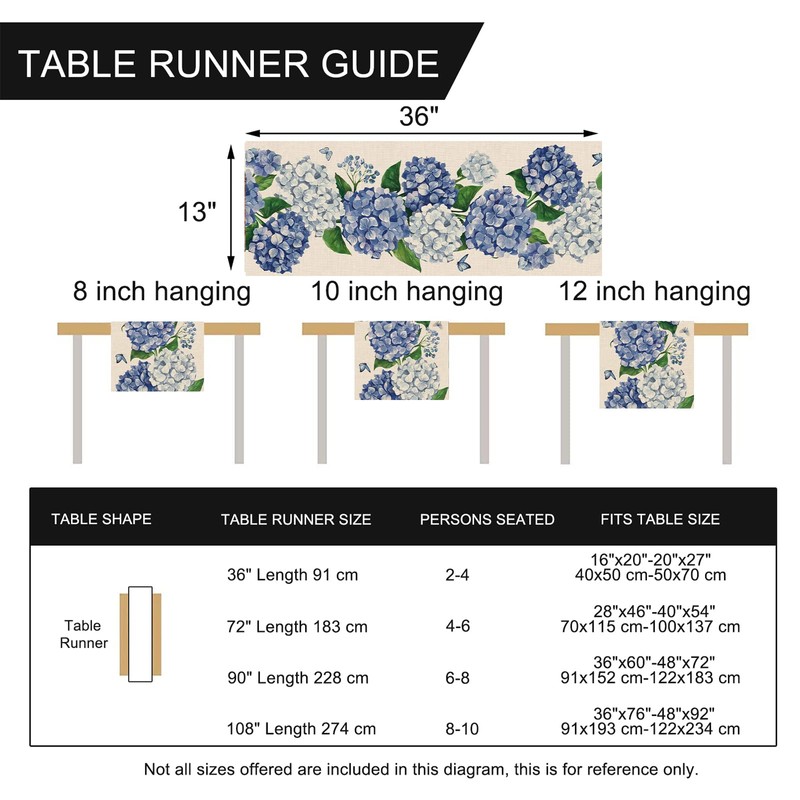 Seliem Spring Hydrangea Floral Flowers Table Runner, Blue Butterfly Kitchen