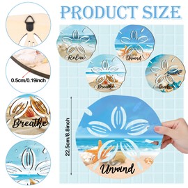 Geelin 4 Pcs Sand Dollar Wall Decor Ocean Beach Style Bathroom Wall Decor Wood Relax Soak Unwind Breathe Coastal Wall Art with Hook Summer Blue Seashell Starfish Bathroom Wood Wall Hanging Sign
