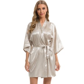 Vlazom Women's Kimono Robes Dressing Gown Satin Bathrobe Nightdress Short Style Bridal Robe with Oblique V-Neck Champagne,XL