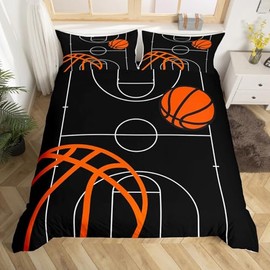 jejeloiu - Juego de ropa de cama de baloncesto para niños pequeños, niñas, adolescentes, juegos, funda de edredón deportiva transpirable con temática deportiva negra (sin edredón