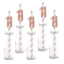 Rose Happy 11th Birthday Straw Decor, Rose Gold Glitter 24pcs Cut-Out Number 11 Party Drinking Decorative Straws, Supplies