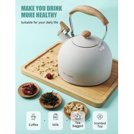 Tea Kettle, BELANKO 85 OZ / 2.5 Liter Whistling Tea Kettle Pots for Stove Top Food Grade Stainless Steel with Wood Pattern Folding Handle, Loud Whistle for Tea, Coffee, Milk - Milk White