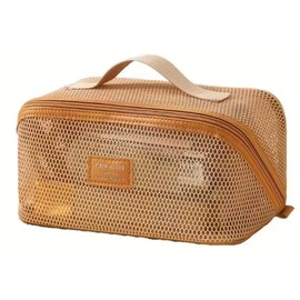 Neceser de Viaje para Cosméticos, Bolsa Portátil de Maquillaje con Malla Semitransparente, Impermeable con Compartimentos, Beige, 23x11x11cm