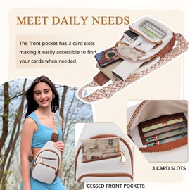 VX VONXURY Sling Bag for Women, PU Leather Crossbody Fanny Packs, Multipurpose Chest Bag with Adjustable Strap (White and Brown)