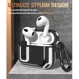 GMUDA AirPod 3 Case Cover with Lock, Compatible with AirPods 3rd Generation(2021), Carbon Fiber, Full Drop Protection for AirPods 3, White