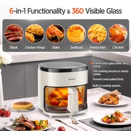 Vexon 6-IN-1 Glass Air Fryer,4.5QT Air Fryer with Viewing Glass Pot, Air Fry, Roast, Reheat, Dehydrate, Air Crisp Technology,Nonstick & Dishwasher Safe Basket,97% Less Oil,Features Digital Timer