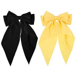 Black and Yellow Long Tail Bow Hair Ties, Classy Women Girls Hair Styling Accessories, Gift Hair Bows Spring Clip for Mom Teen Toddler Girl Stuff, 90s Vintage Big Satin French Style Headdress Decor