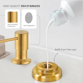 SBEN Built-in Kitchen Sink Soap or Lotion Dispenser Set, Stainless Steel, Gold Brushed Pump, 17 oz PET Bottle, Durable ABS Head, 360° Rotation (Gold Brushed)